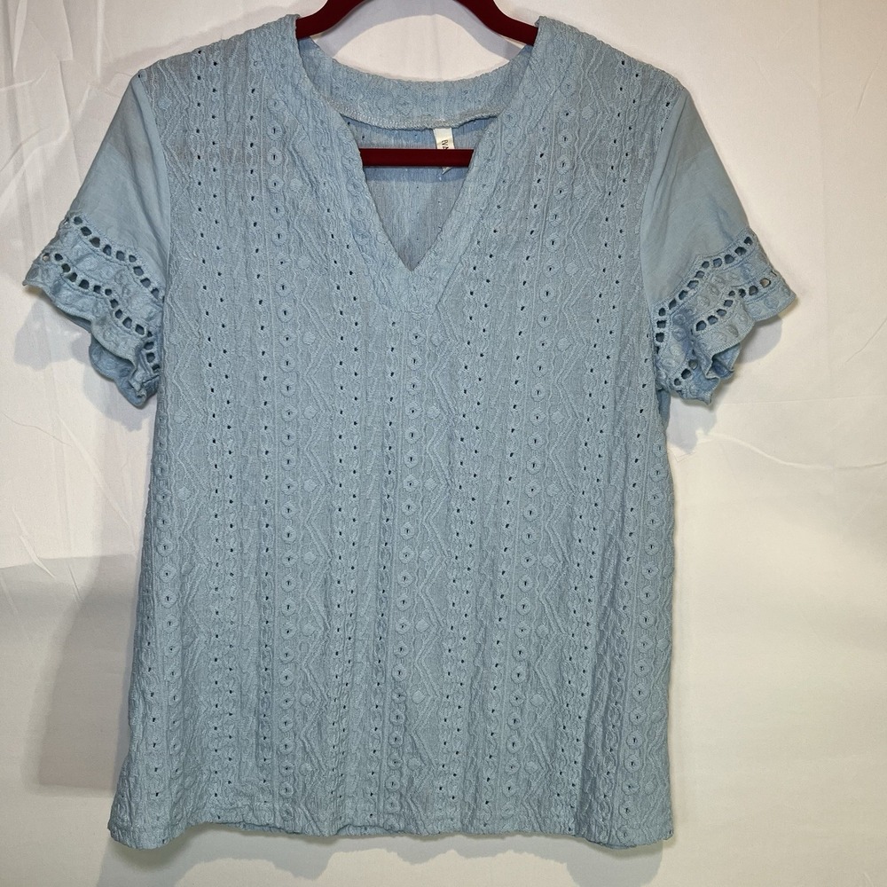 Women's Small Shirt Evaless Light Blue Short Sleeve Casual V Neck Eyelets